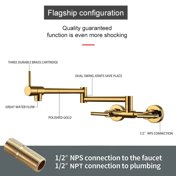 Pot Filler Faucet Wall Mounted Kitchen Mixer Solid Brass Swivel Spout Hot And Cold Water With Dual Handle - Image 4