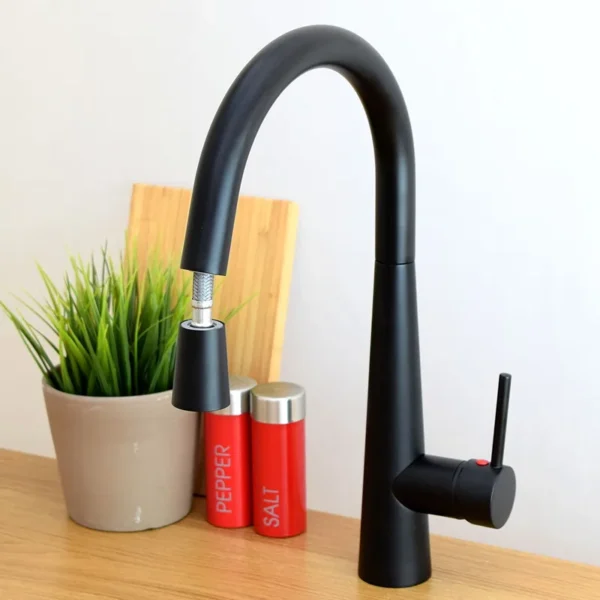 Single Handle Copper Pull Out Kitchen Sink Faucet With Retractable Watering Brass Spray High Arc Swivel Spout Matt Black 0619-MB - Image 4