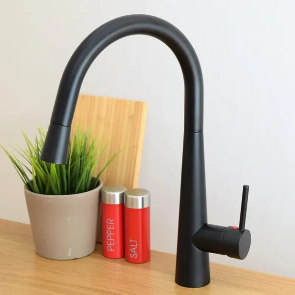 Single Handle Copper Pull Out Kitchen Sink Faucet With Retractable Watering Brass Spray High Arc Swivel Spout Matt Black 0619-MB - Image 5