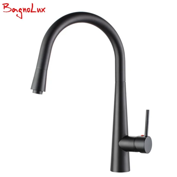 Single Handle Copper Pull Out Kitchen Sink Faucet With Retractable Watering Brass Spray High Arc Swivel Spout Matt Black 0619-MB - Image 2