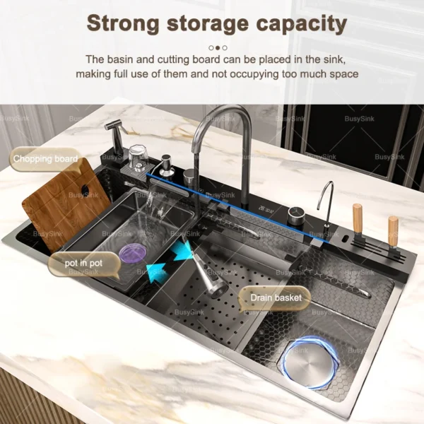 Stainless Steel Kitchen Sink With Waterfall 100x50cm Extra Large Single Bowl Digital Display Multifunctional Dishwashing Sinks - Image 2