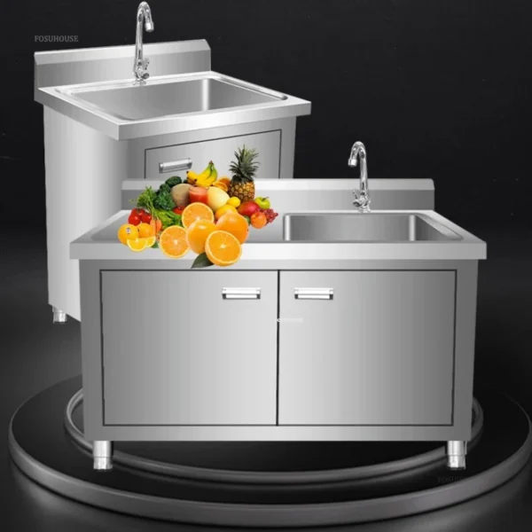 Stainless Steel Kitchen Sinks Cabinet Commercial Dishwashing Sink with Operating Table Floor Integrated Wash Basin Sink Cabinet - Image 4