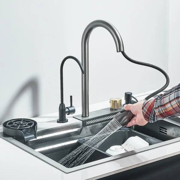 Waterfall Kitchen Sink 304 Stainless Steel Sink Large Single basin With Large Single Slot Sink Above Counter With Cup Disher - Image 3