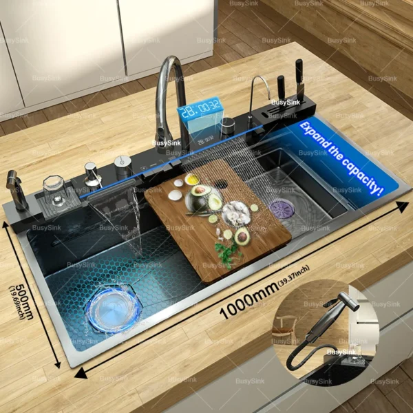 Stainless Steel Kitchen Sink With Waterfall 100x50cm Extra Large Single Bowl Digital Display Multifunctional Dishwashing Sinks - Image 5
