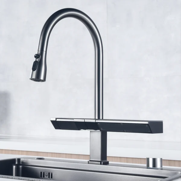 AITANA Luxury Chrome Brass Kitchen Faucet with Digital Display Design, Hot and Cold Water Pull out 3-Function Sink Mixer - Image 3
