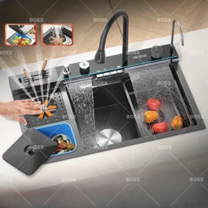 Stainless Steel Kitchen Sink With Waterfall Extra Large Single Slot Cup washer Digital Display Multifunctional Dishwashing Sinks