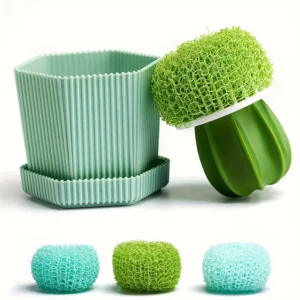5pcs Durable Cactus Mini Brush Set with Drip Tray - Kitchen Scrubbers for Dishes, Pots & Sinks with 3 Replaceable Heads