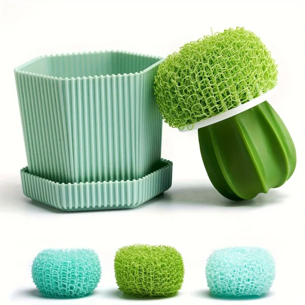 5pcs Durable Cactus Mini Brush Set with Drip Tray - Kitchen Scrubbers for Dishes, Pots & Sinks with 3 Replaceable Heads