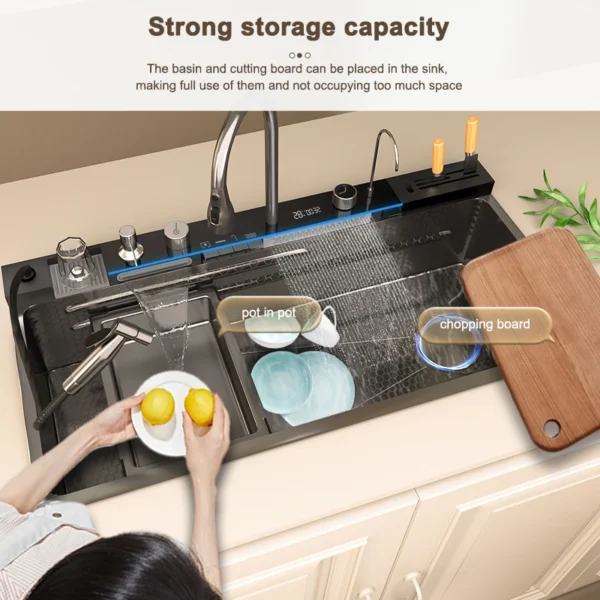 Stainless Steel Kitchen Sink with Waterfall Extra Large Single Slot Digital Display Dishwashing Basin Oversized Sinks 100x50cm - Image 2