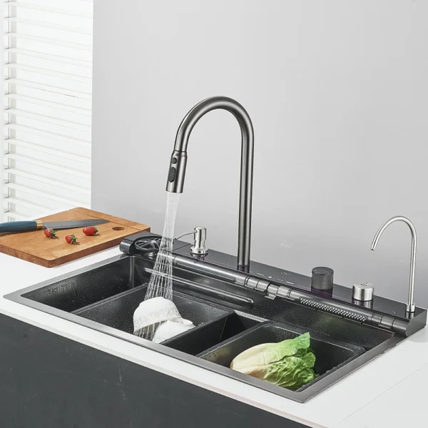 Kitchen Sink and Faucet Waterfall Kitchen Tap Gun Grey Large Single Sink Dish Basin Sink With Faucet Soap Dispenser Cup Washer - Image 2