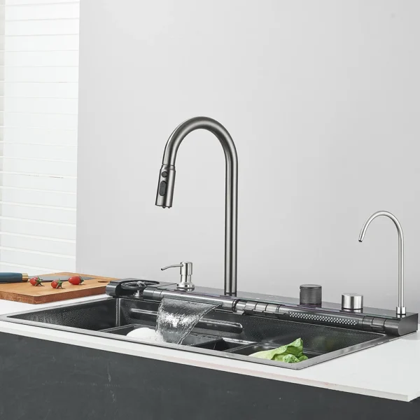 Kitchen Sink and Faucet Waterfall Kitchen Tap Gun Grey Large Single Sink Dish Basin Sink With Faucet Soap Dispenser Cup Washer - Image 4
