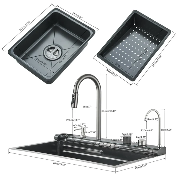 Kitchen Sink and Faucet Waterfall Kitchen Tap Gun Grey Large Single Sink Dish Basin Sink With Faucet Soap Dispenser Cup Washer - Image 6