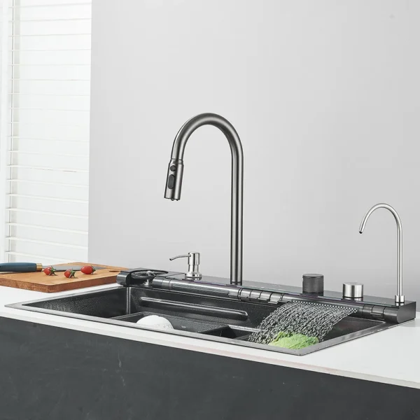 Kitchen Sink and Faucet Waterfall Kitchen Tap Gun Grey Large Single Sink Dish Basin Sink With Faucet Soap Dispenser Cup Washer - Image 3