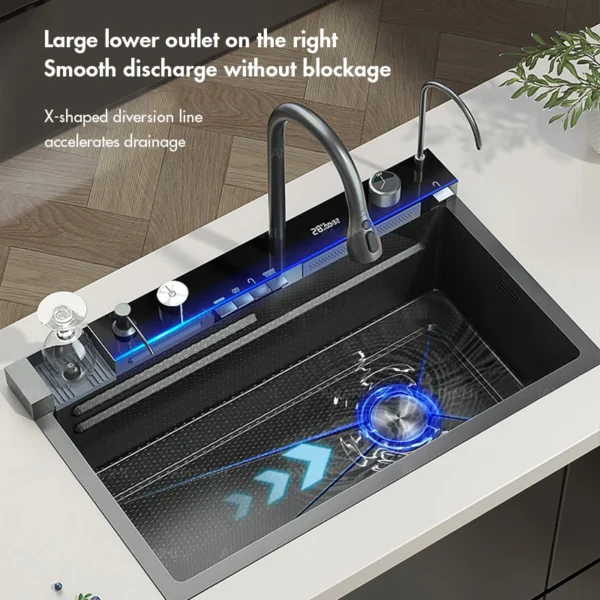 304 Stainless Steel Waterfall Kitchen Sink Large Single Slot Integrated Digital Display Faucet Set Soap Dispenser Cup Washer - Image 2