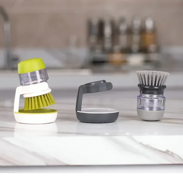 Dish Brush With Soap Dispenser Palm Brush Dish washing Kitchen Scrub Brushes With Holder Drip Tray - Image 3