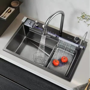 Stainless Steel Kitchen Sink with Faucet Digital Display Large Single Bowl Waterfall Rain 5 Functions System Dish Basin Sink