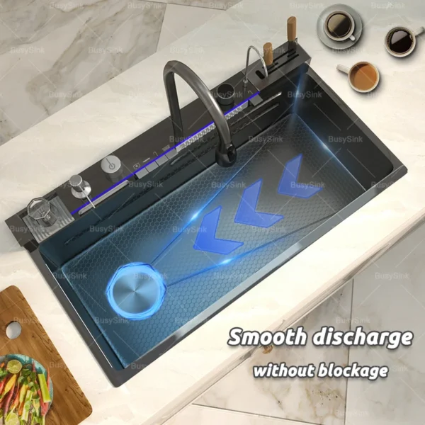 Stainless Steel Waterfall Kitchen Sink Cup Washer Knife Rack Embossed Extra Large Single Slot Apartment Left Side Drainage - Image 5