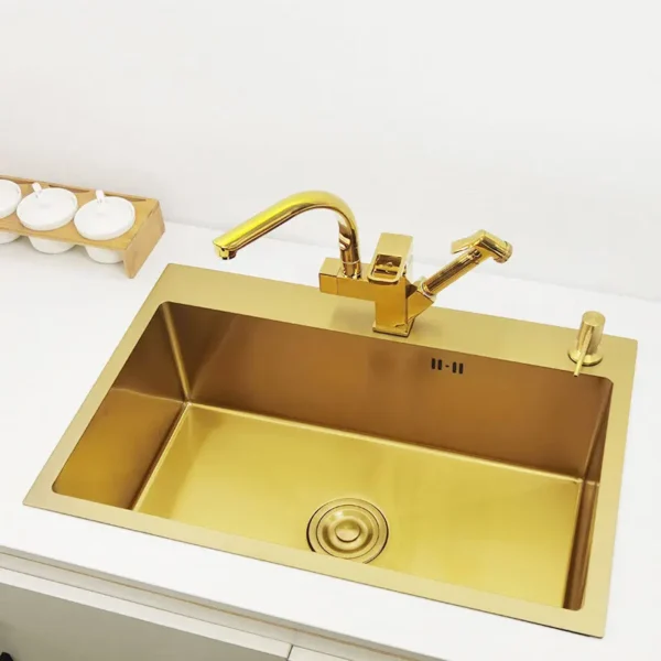 Gold kitchen sink Single Sink Bowl SUS304 Stainless Steel Kitchen Towel Basket Strainer Golden Washing Basin Kitchen Sinks - Image 3