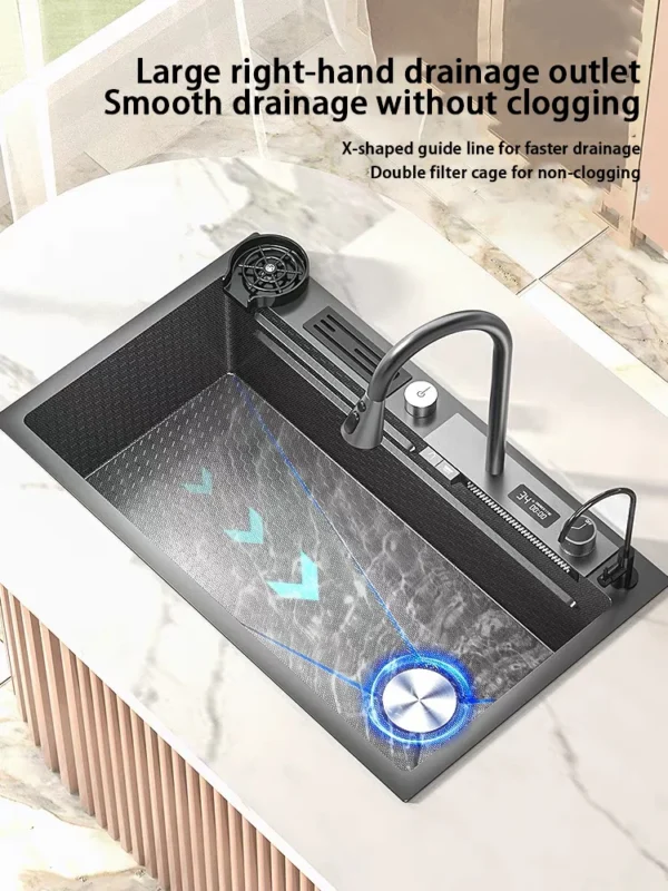 Digital Display Waterfall Kitchen Sink Large Single Slot Nano Stainless Steel Sink Undercounter Honeycomb embossed kitchen sink - Image 2