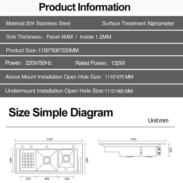 ASRAS Nanometer Smart Purifying Kitchen Sink Large Size Handmade Step Sink Smart Purifying Kitchen Island Sinks - Image 6