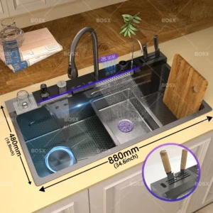 Stainless Steel Waterfall Kitchen Sink Extra Large Single Slot Digital Display Multifunctional Dishwashing Sinks Cup washer