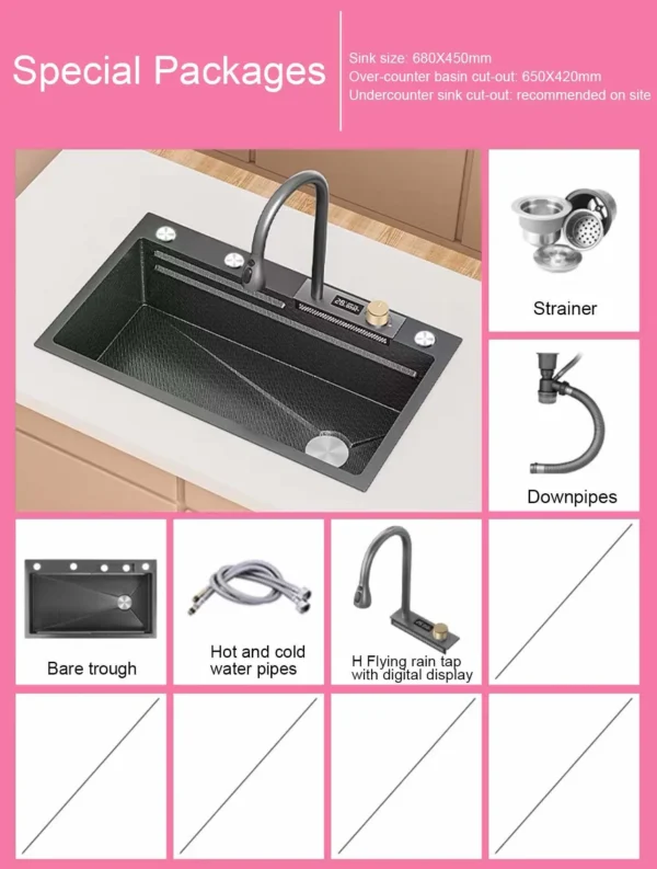 Digital Display Waterfall Kitchen Sink Large Single Slot Nano Stainless Steel Sink Undercounter Honeycomb embossed kitchen sink - Image 6