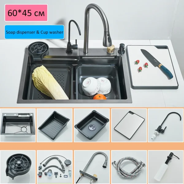Waterfall Kitchen Sink 304 Stainless Steel Sink Large Single basin With Large Single Slot Sink Above Counter With Cup Disher - Image 5
