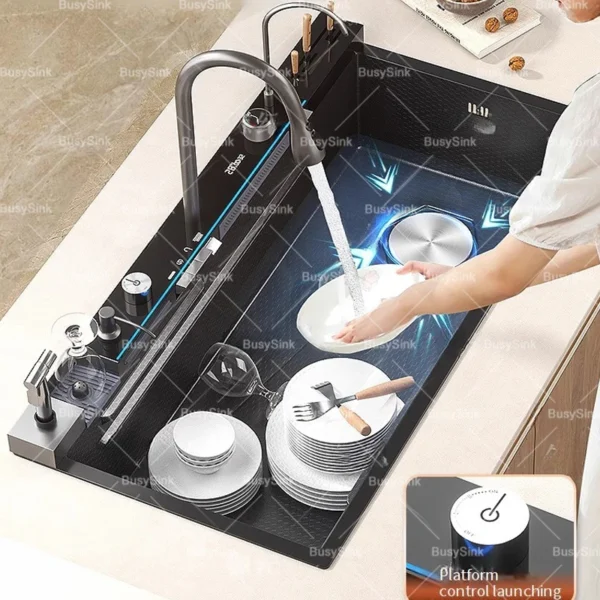 Stainless Steel Waterfall Kitchen Sink Digital Display Extra Large Single Bowl Multifunctional Household Vegetable Washing Sink - Image 3