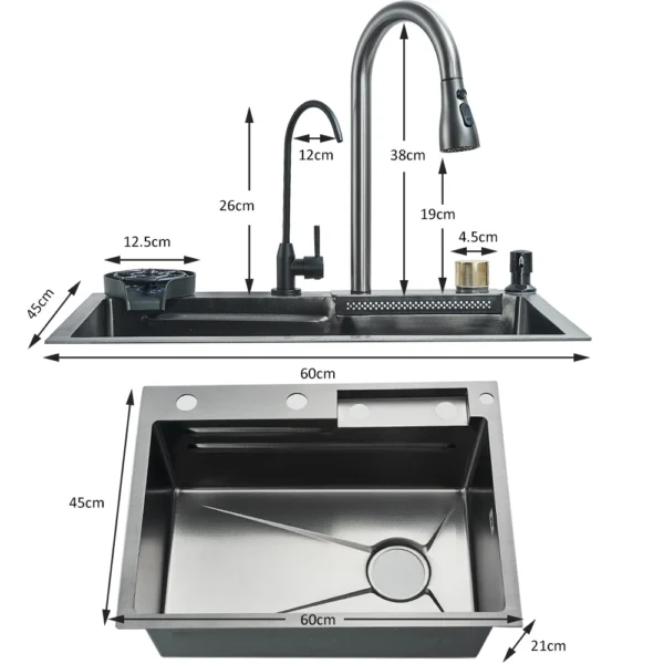 Waterfall Kitchen Sink 304 Stainless Steel Sink Large Single basin With Large Single Slot Sink Above Counter With Cup Disher - Image 2