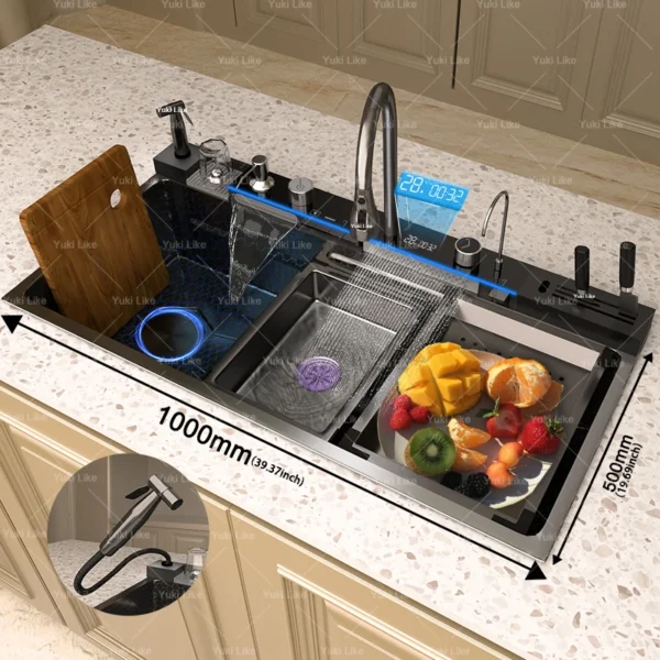 Stainless Steel Kitchen Sink with Waterfall Extra Large Single Slot Digital Display Dishwashing Basin Oversized Sinks 100x50cm - Image 5