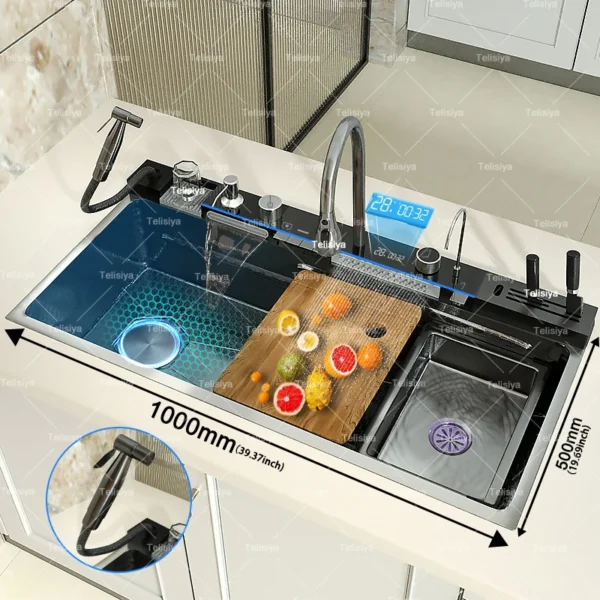 Stainless Steel Waterfall Kitchen Sink Embossed Single Bowl Digital Display Extra Large Multifunctional Washing Sinks 100x50cm - Image 5