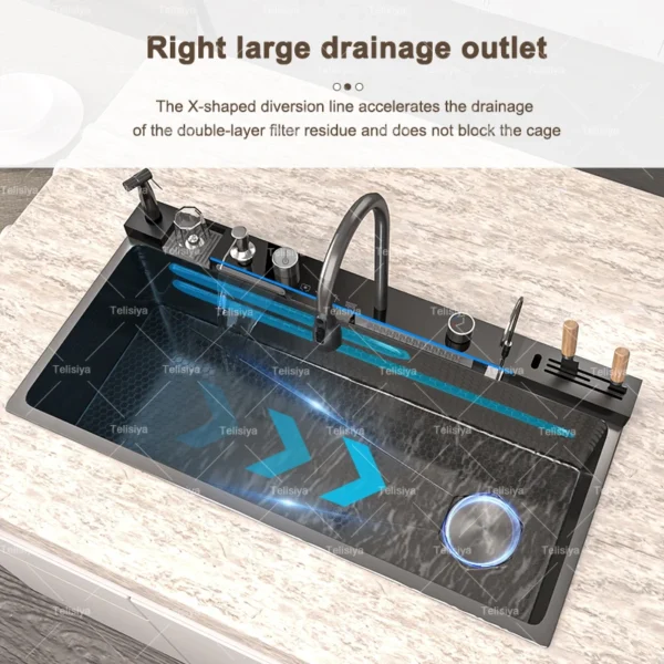 Stainless Steel Waterfall Kitchen Sink Embossed Single Bowl Digital Display Extra Large Multifunctional Washing Sinks 100x50cm - Image 4