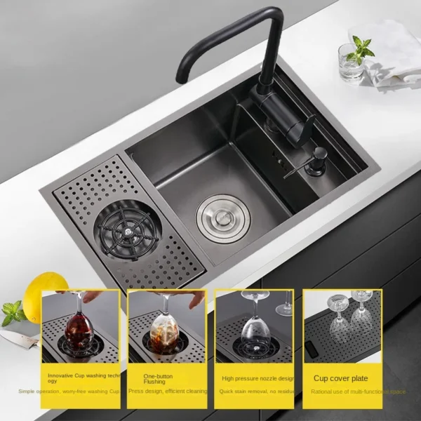 304 Stainless Steel Kitchen Sink, Concealed Folding Faucet with Cup Washer, Coffee Shop Milk Tea Bar, Toilet Bathroom Sink - Image 5