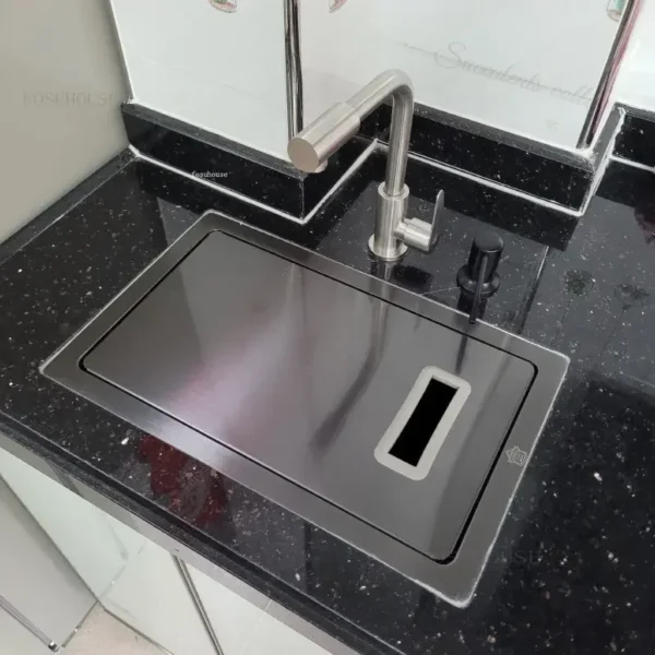 Stainless Steel Kitchen Sink Black Nano Small Single-slot Washbasin Dishwashing Island Counter Washing Sink with Cover Plate WW - Image 3