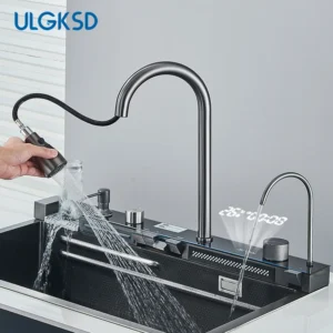 Waterfall Kitchen Sink 304 Stainless Steel With Digital Display Faucet Purified Water Mixer Crane And Wash Cup Tap Kitchen Parts