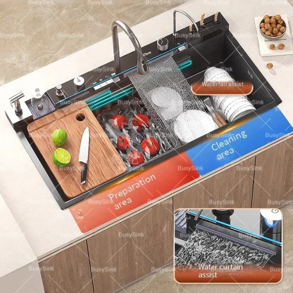 Stainless Steel Waterfall Kitchen Sink Digital Display Extra Large Single Bowl Multifunctional Household Vegetable Washing Sink - Image 2
