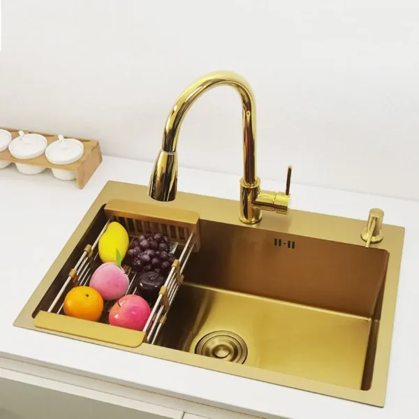 Gold kitchen sink Single Sink Bowl SUS304 Stainless Steel Kitchen Towel Basket Strainer Golden Washing Basin Kitchen Sinks - Image 2