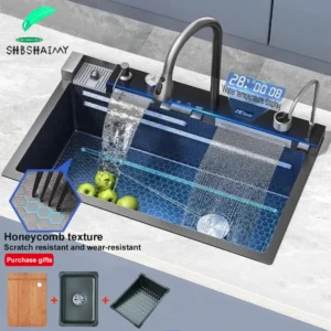 Sink Waterfall Kitchen Sink Large Single Slot Integrated Digital Display Faucet Set Kitchen Utensils Set Cold Hot Water Mixer