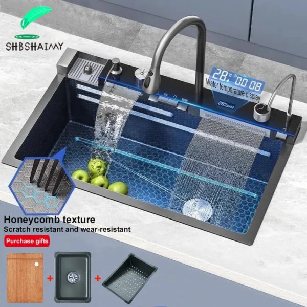 Sink Waterfall Kitchen Sink Large Single Slot Integrated Digital Display Faucet Set Kitchen Utensils Set Cold Hot Water Mixer