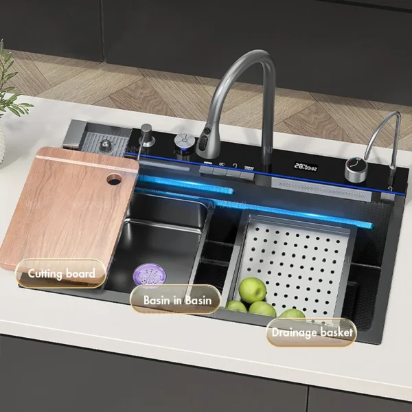 304 Stainless Steel Waterfall Kitchen Sink Large Single Slot Integrated Digital Display Faucet Set Soap Dispenser Cup Washer - Image 5