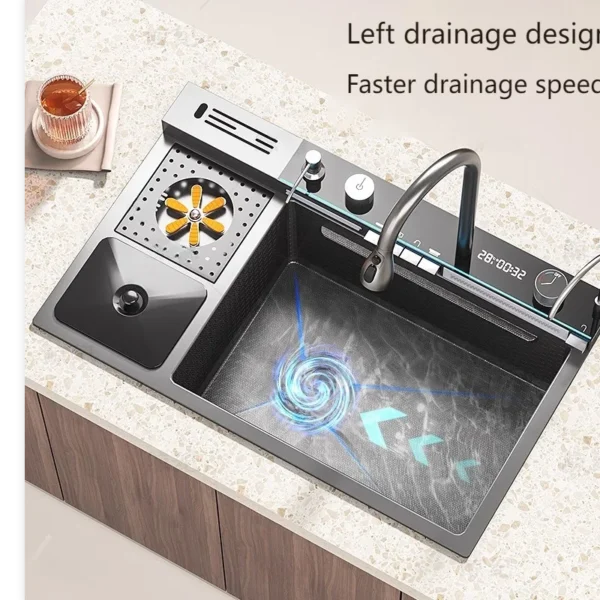 Stainless Steel Kitchen Sink With Waterfall Extra Large Single Slot Cup washer Digital Display Multifunctional Dishwashing Sinks - Image 2