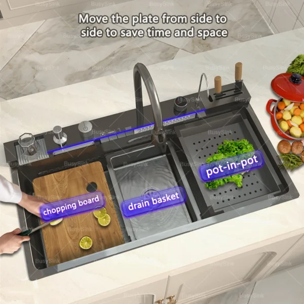 Stainless Steel Waterfall Kitchen Sink Cup Washer Knife Rack Embossed Extra Large Single Slot Apartment Left Side Drainage - Image 2