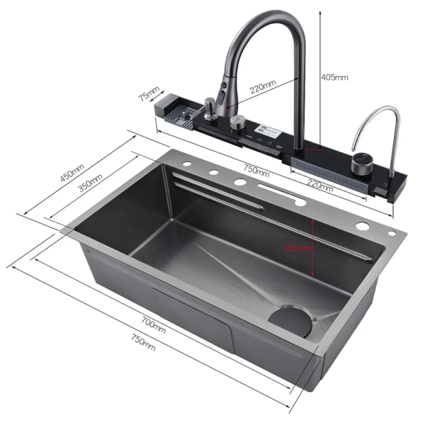 304 Stainless Steel Waterfall Kitchen Sink Large Single Slot Integrated Digital Display Faucet Set Soap Dispenser Cup Washer - Image 6