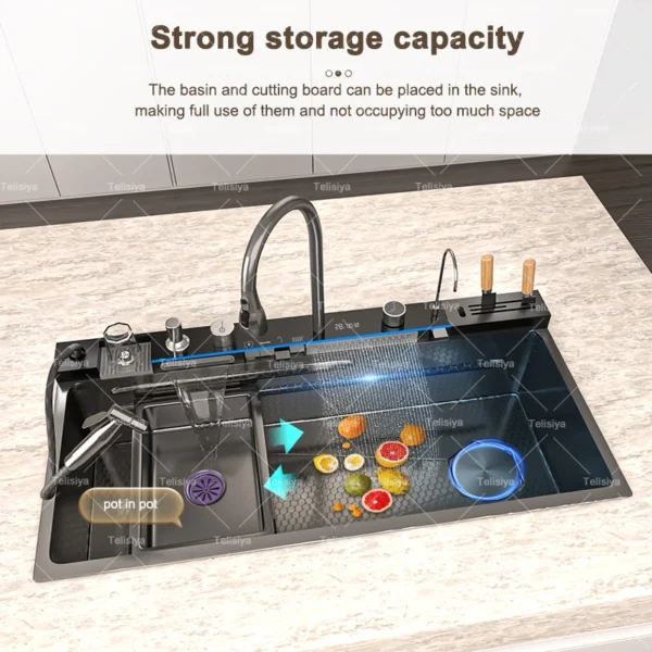 Stainless Steel Waterfall Kitchen Sink Embossed Single Bowl Digital Display Extra Large Multifunctional Washing Sinks 100x50cm - Image 2