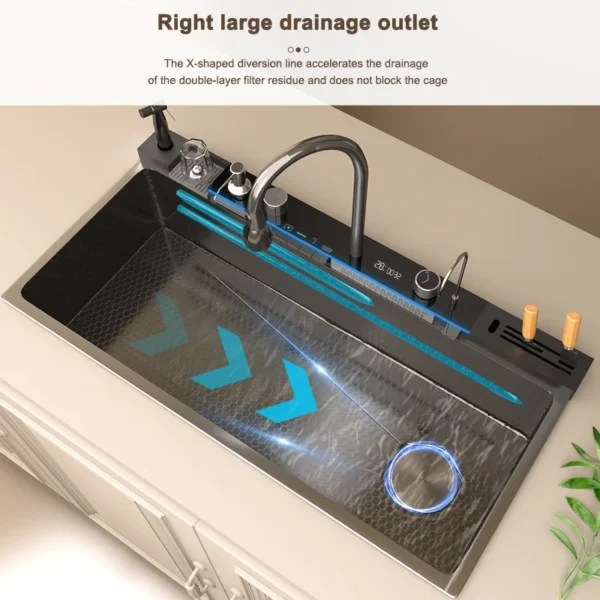 Stainless Steel Kitchen Sink with Waterfall Extra Large Single Slot Digital Display Dishwashing Basin Oversized Sinks 100x50cm - Image 4