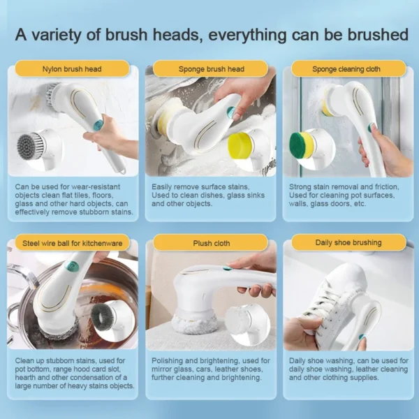 Multifunctional Electric Cleaning Brush, 5 in 1, Bathroom Wash, Kitchen Dryer, Dishwashing Tool, Bathtub - Image 3