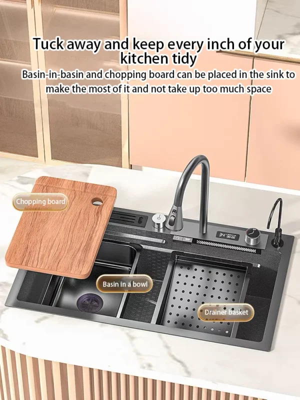 Digital Display Waterfall Kitchen Sink Large Single Slot Nano Stainless Steel Sink Undercounter Honeycomb embossed kitchen sink - Image 4