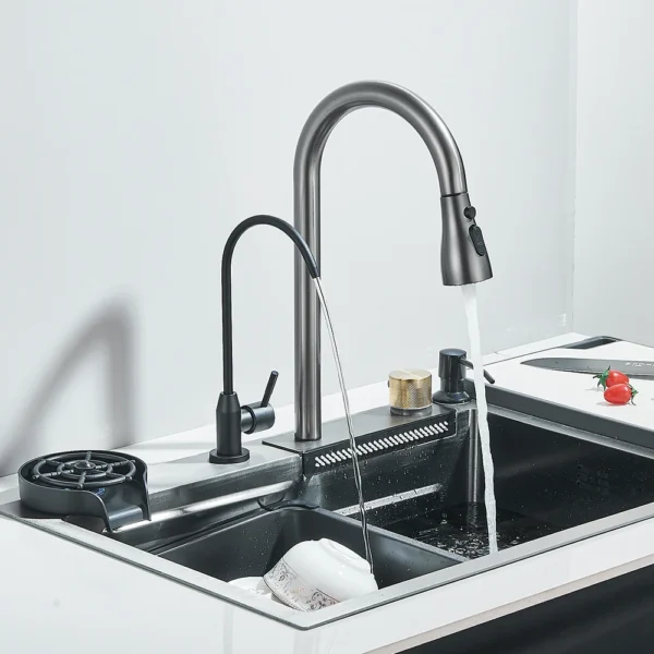 Waterfall Kitchen Sink 304 Stainless Steel Sink Large Single basin With Large Single Slot Sink Above Counter With Cup Disher - Image 4