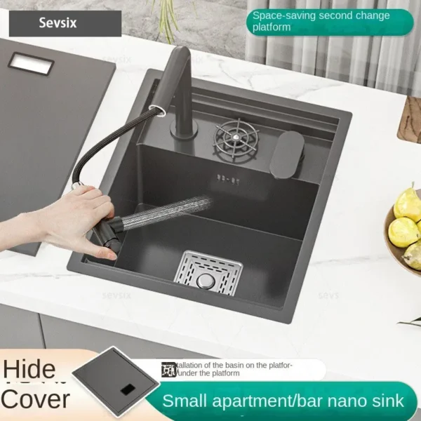 kitchen sink Black nano-sink single-slot household hand-washing basin kitchen large 304 stainless steel sink sink bowl - Image 2