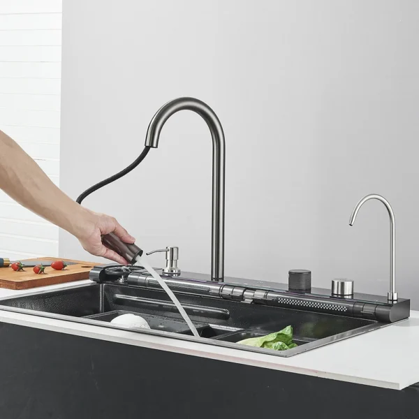 Kitchen Sink and Faucet Waterfall Kitchen Tap Gun Grey Large Single Sink Dish Basin Sink With Faucet Soap Dispenser Cup Washer - Image 5